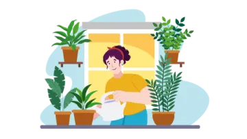a woman sitting in front of a window with potted plants