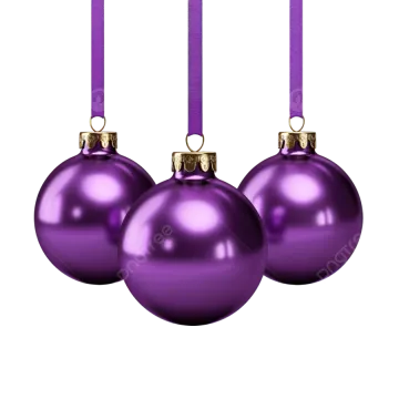 three purple christmas balls hanging from a ribbon