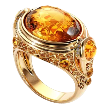 a yellow gold ring with a large oval cut amber stone surrounded in the center