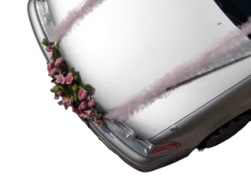 a silver car with pink flowers on the hood