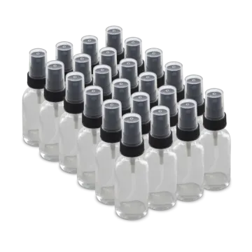 a dozen of clear bottles with black caps