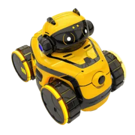 a yellow robot toy on a white background