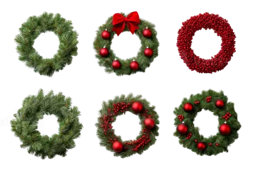 a set of christmas wreaths and decorations