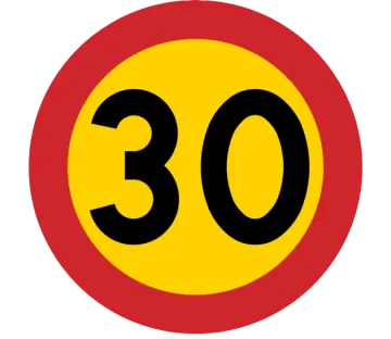 a red and yellow sign with the number 30