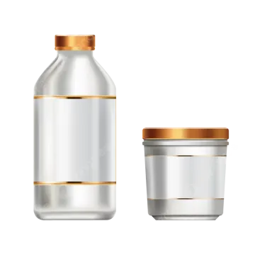 a white bottle with gold lid and a glass container