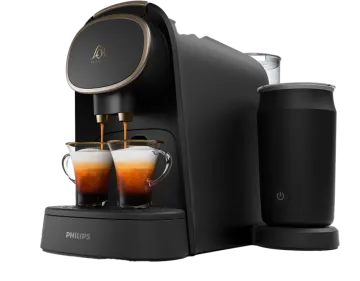 a black coffee machine with two cups of coffee
