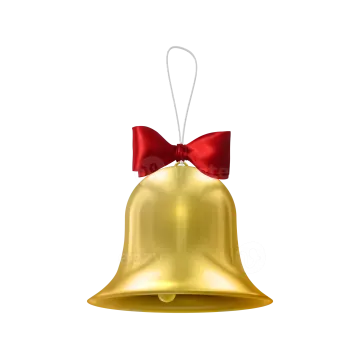 a golden bell with a red bow