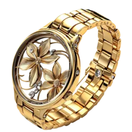 a gold watch with flowers on the dial