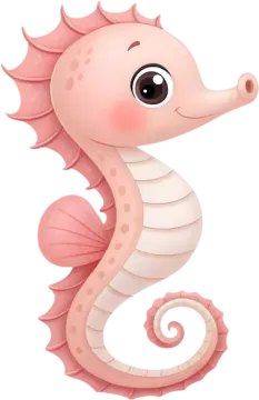 a cartoon seahorse with pink hair and big eyes