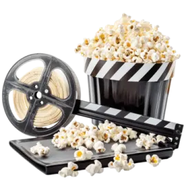 a bucket of popcorn and a movie reel