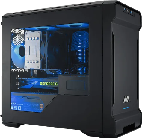 a black desktop computer case with blue leds