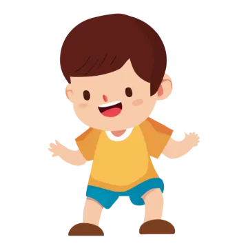 a little boy with brown hair and blue shorts
