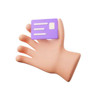 a hand holding a purple card with the letter e
