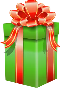 a green gift box with red ribbon and bow