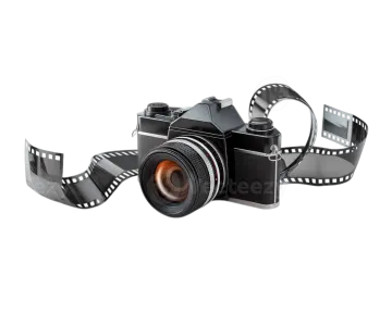 a camera with a film strip attached to it
