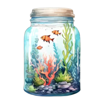 a glass jar filled with water and corals