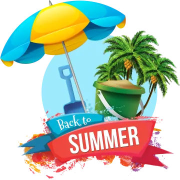 a beach scene with an umbrella and palm trees