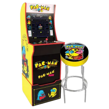 an arcade machine with a stool