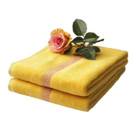 a pair of yellow towels with a rose on top