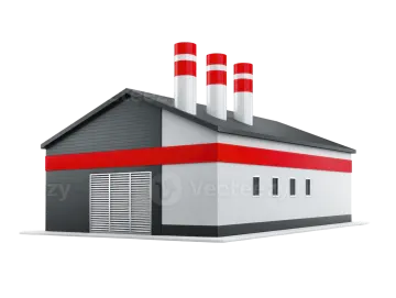 a factory building with red and white smoke stacks