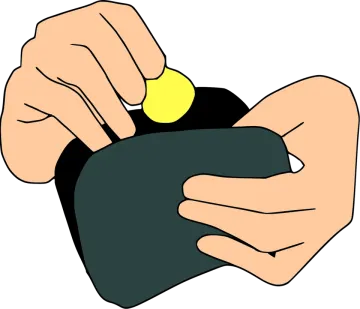 a person putting a coin into a black bag