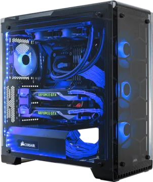 a computer case with a blue light inside