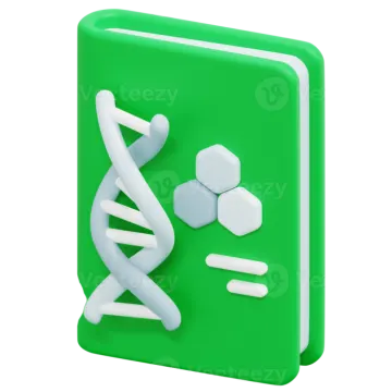 a green book with a 3d image of a dna molecule