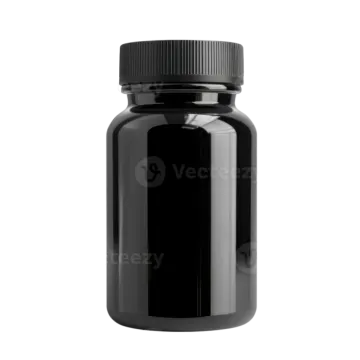 a black pill bottle on a white background