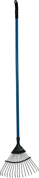 a blue garden rake with black handle