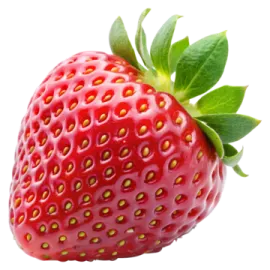 a strawberry with green leaves on it