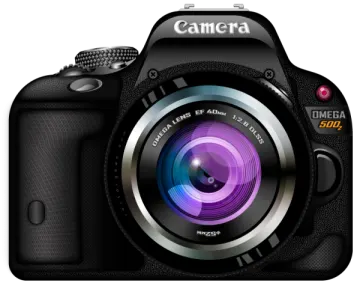 a black camera with a purple lens