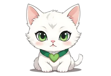 a white cat with green eyes sitting on the ground