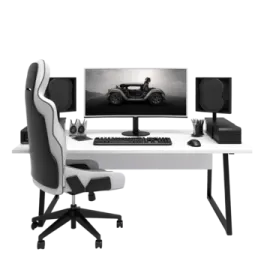 a computer desk with a monitor, keyboard and mouse