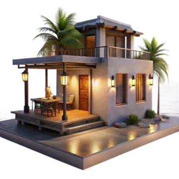 a small house with palm trees on the roof