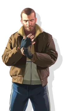 a drawing of a man in a brown jacket and blue pants