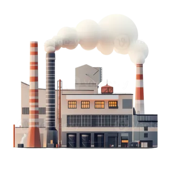an illustration of a factory with smoke stacks