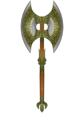 a green and gold axe with an ornate design