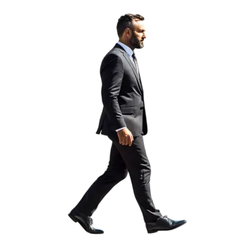 a man in a suit walking across a white background