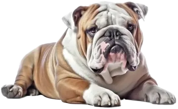 a brown and white dog laying down on the ground