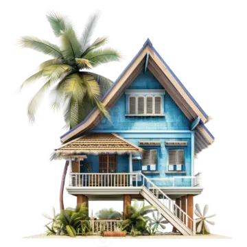 a small blue house on the beach with palm trees