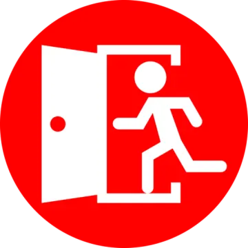 a red and white fire exit sign with a man running through the door