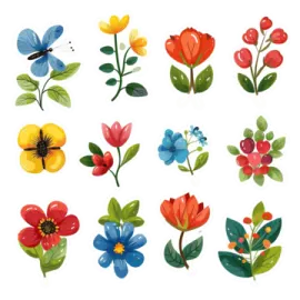 a set of colorful flowers and leaves