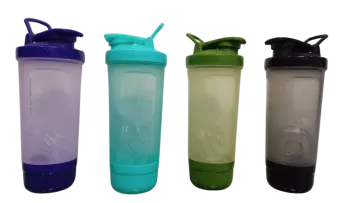 three different colored plastic water bottles