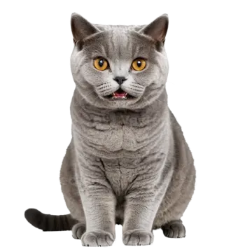 a grey cat with yellow eyes sitting and looking at the camera