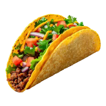 a tacoa filled with meat and vegetables on a white background