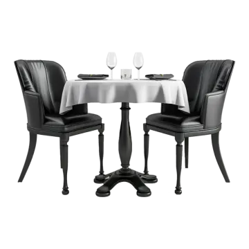 a table with two chairs and a wine glass