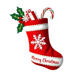 a red christmas stocking with holly and candy canes
