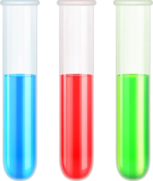 three test tubes filled with colored liquids