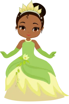 a little girl in a green dress with a flower in her hand
