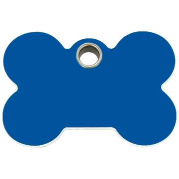 A blue bone tag with a metal ring